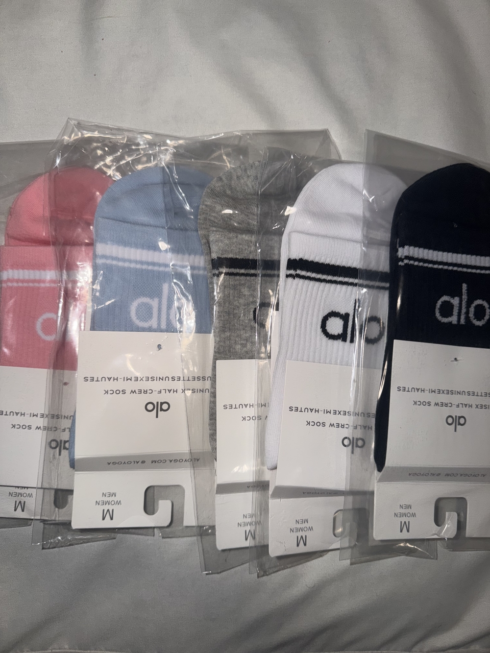 ALO Yoga Crew Socks in Pink, Light Blue, Gray, White & Navy Bundle